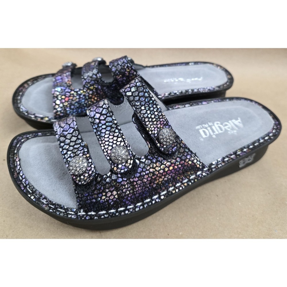 Alegria (Sz 38) Fiona Black Pewter Mosaic Leather Triple Strap Sandals